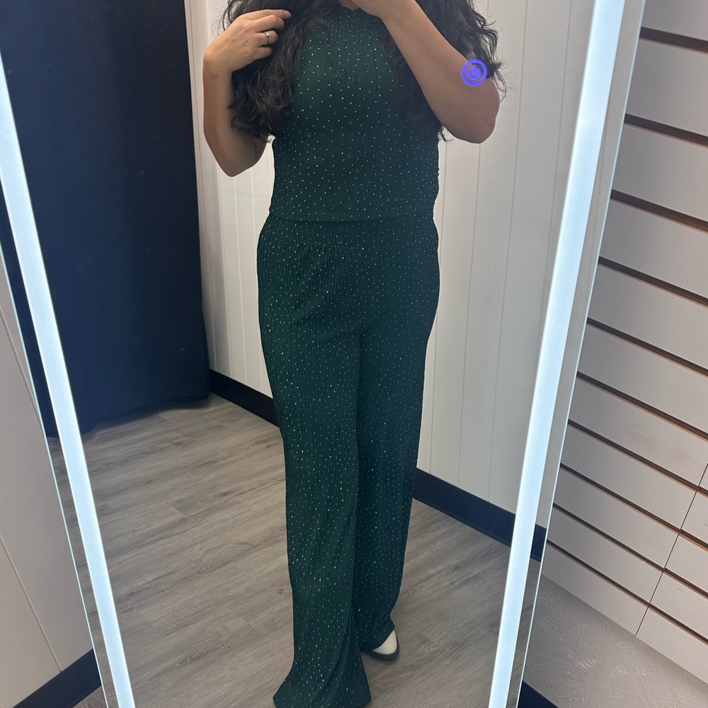 Green Rhinestone Sparkle Stretch Wide Leg Holiday Pant Crinkle Set